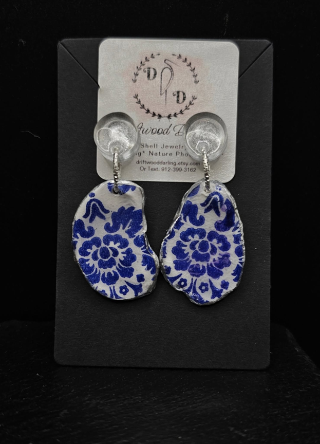 Oyster Shell Blue & White Chinoiserie Silver Earrings