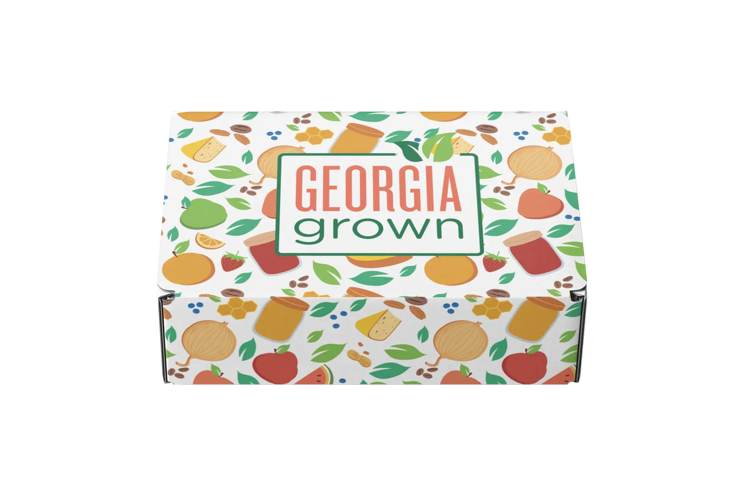 Slanted front view of the Georgia Grown Branded 9.5x7.75x4 Mailer Box made for local businesses or gift givers to ship items in