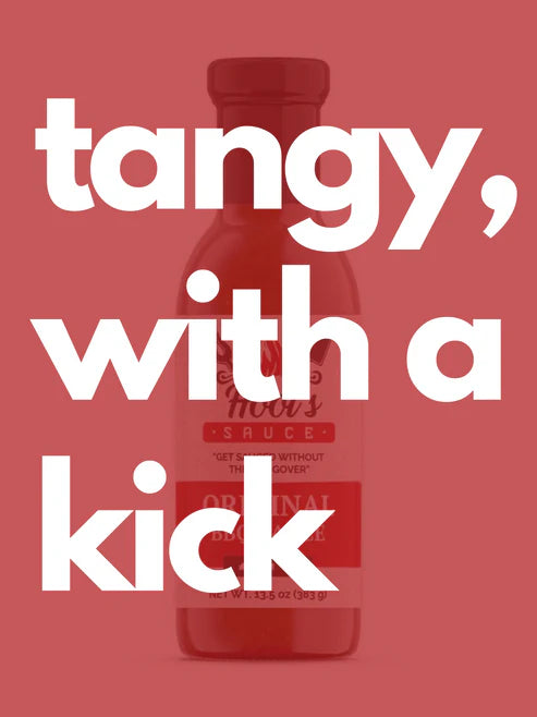 Hoot's Sauce Original BBQ Sauce bottle with red overlay and white text 'Tangy with a Kick'