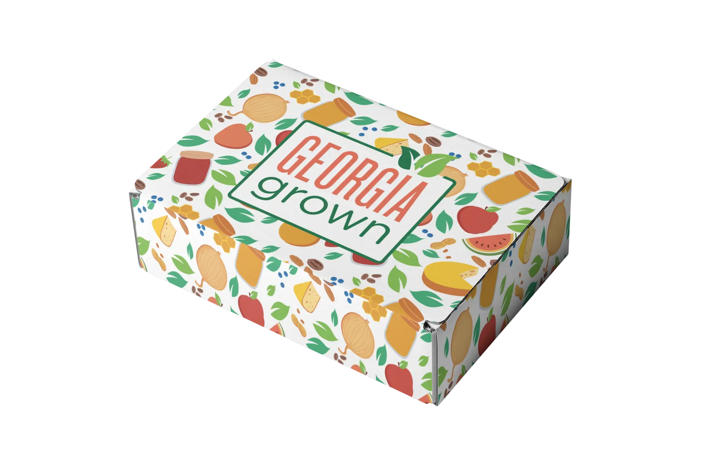 Slanted side view of the Georgia Grown Branded 9.5x7.75x4 Mailer Box made for local businesses or gift givers to ship items in