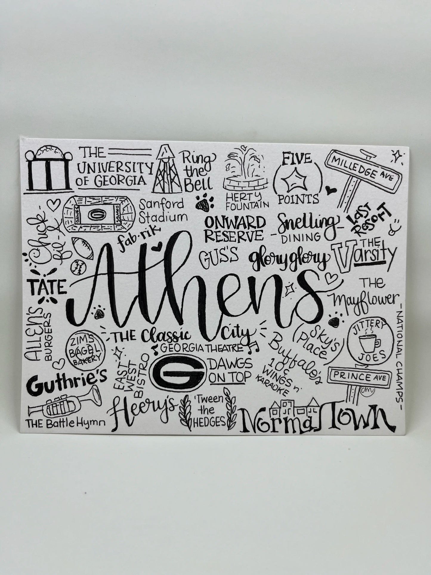 Illustrative typography art print by Sugars and Sketches, showcasing words and illustrations inspired by Athens and the University of Georgia.