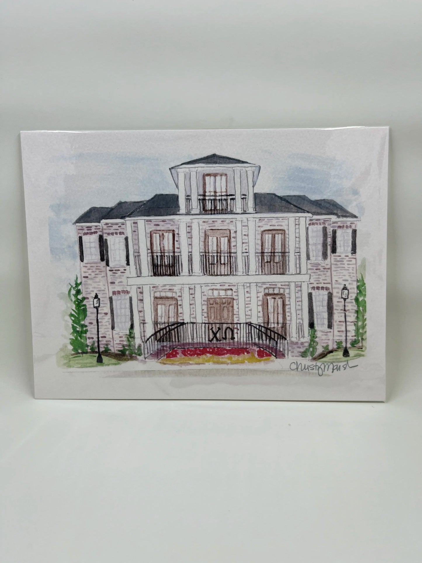 Watercolor art print of the Chi Omega sorority house at Georgia Southern University by Sugars and Sketches.