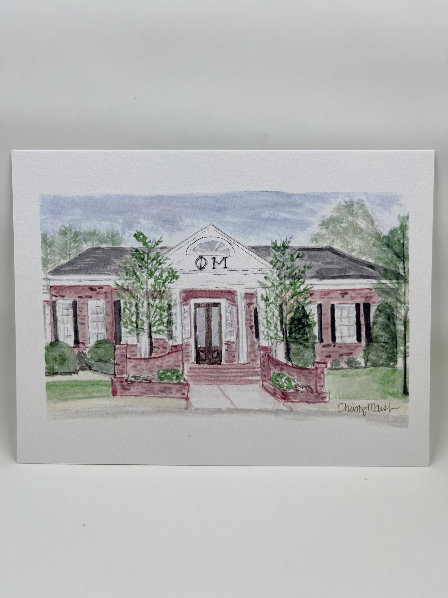 Watercolor art print of the Phi Mu sorority house at Georgia Southern University by Sugars and Sketches.