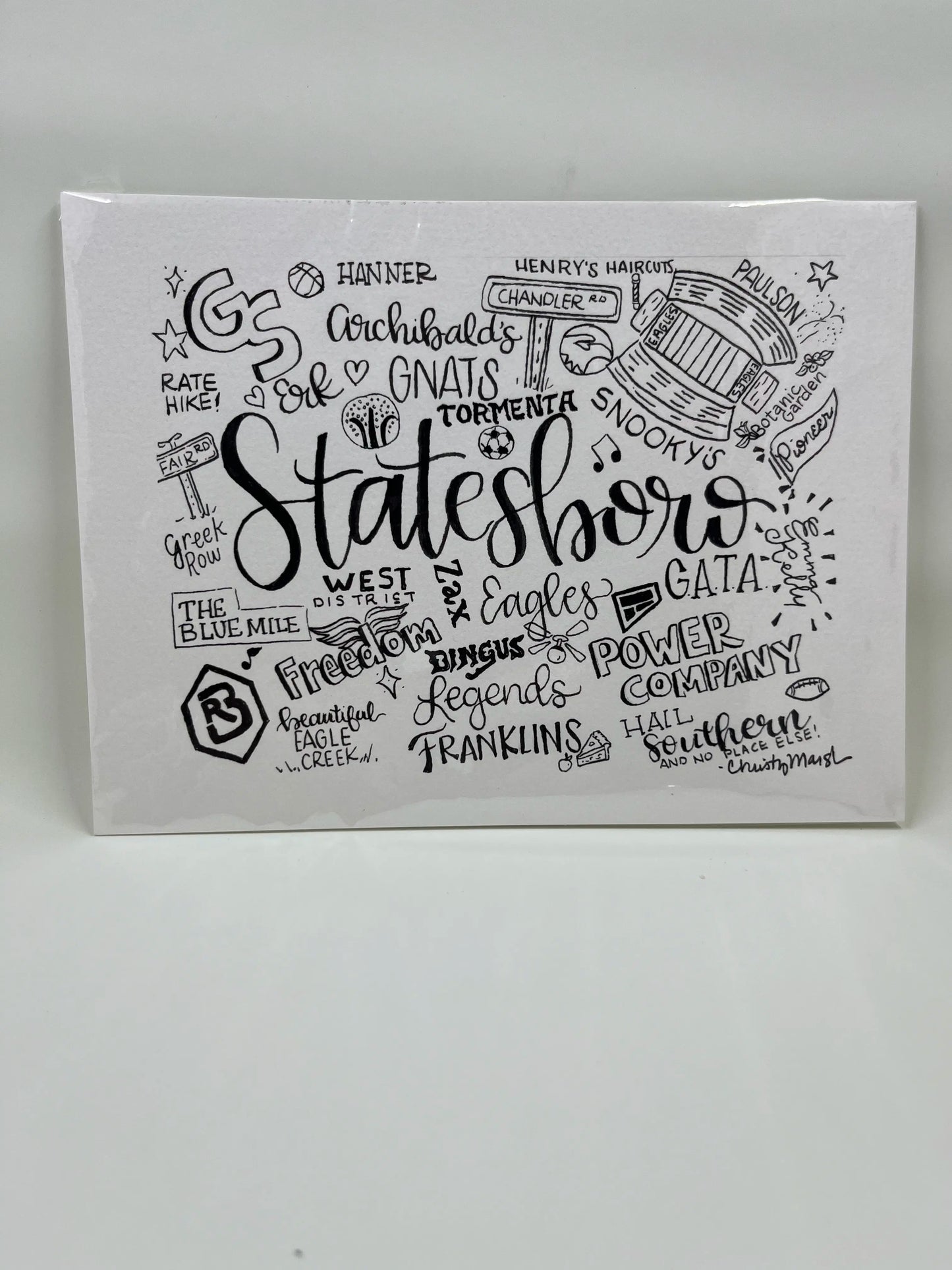 Illustrative typography art print by Sugars and Sketches, featuring words and illustrations celebrating Statesboro and Georgia Southern University.