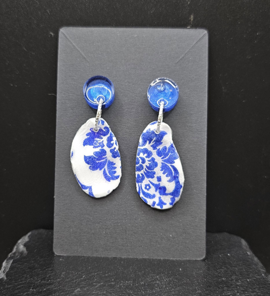 Oyster Shell Blue & White Chinoiserie Earrings