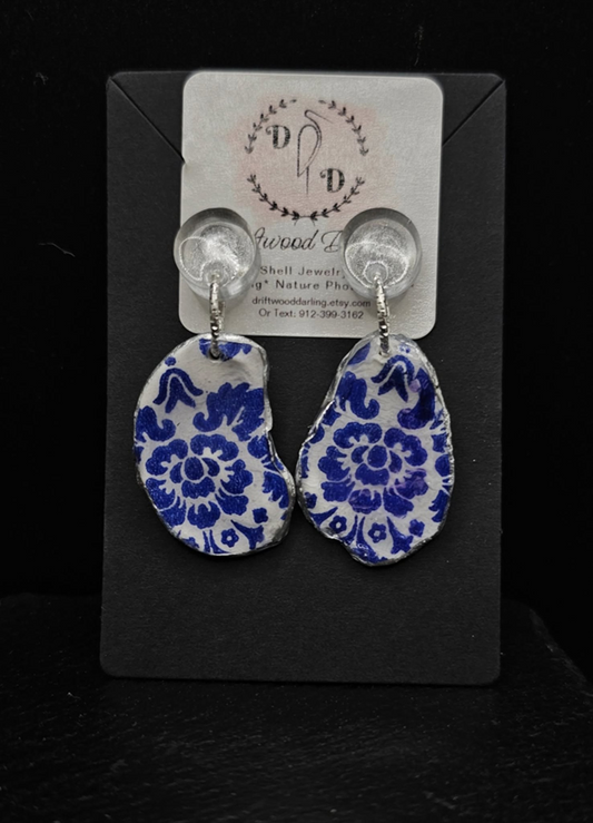Oyster Shell Blue & White Chinoiserie Silver Earrings