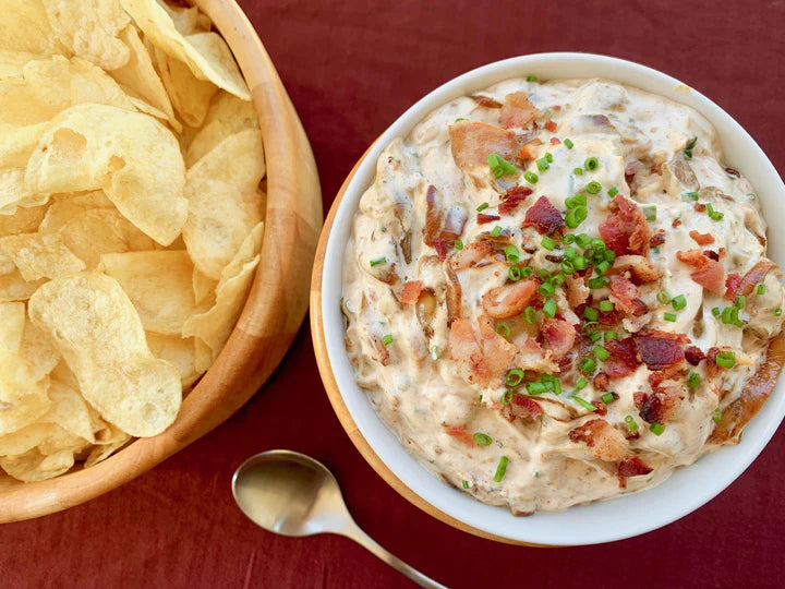 Chef Jannybug Bacon & Onion Dip Mix prepared and served with chips