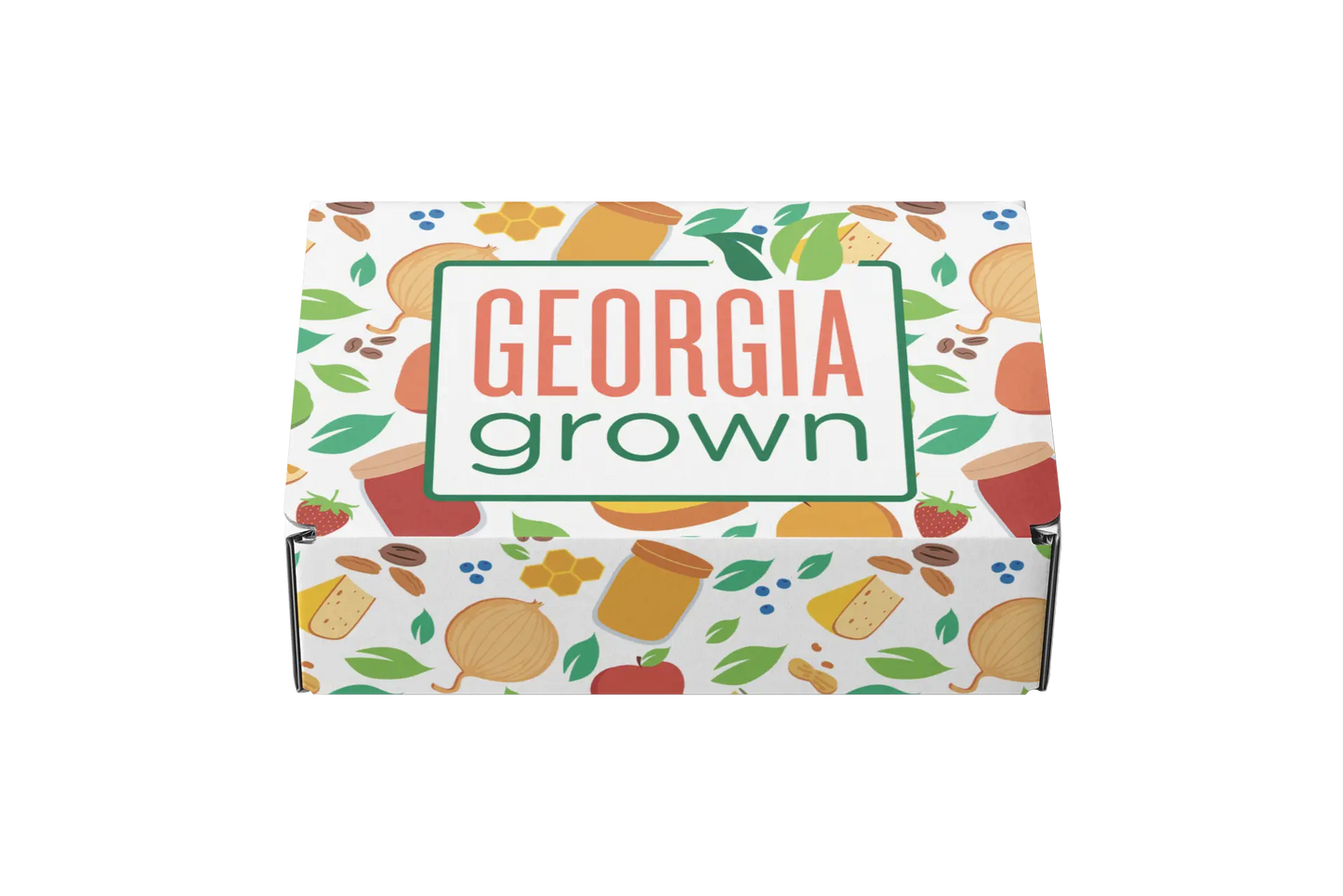 Slanted front/top view of the Georgia Grown Branded 11.25x9x3 Mailer Box made for local businesses or gift givers to ship items in