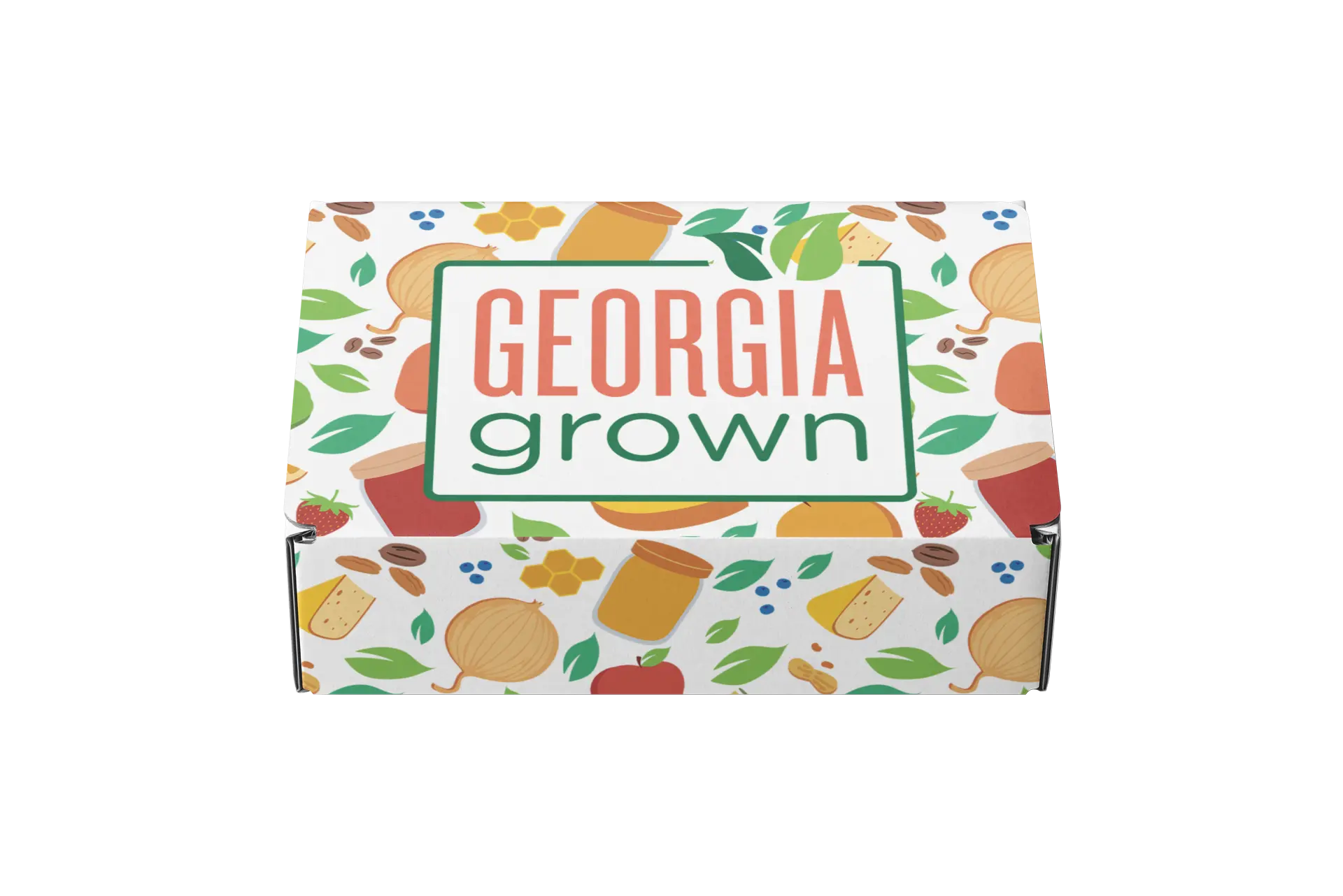 Slanted front/top view of the Georgia Grown Branded 11.25x9x3 Mailer Box made for local businesses or gift givers to ship items in