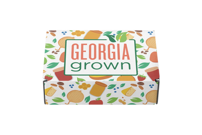 Slanted front/top view of the Georgia Grown Branded 11.25x9x3 Mailer Box made for local businesses or gift givers to ship items in
