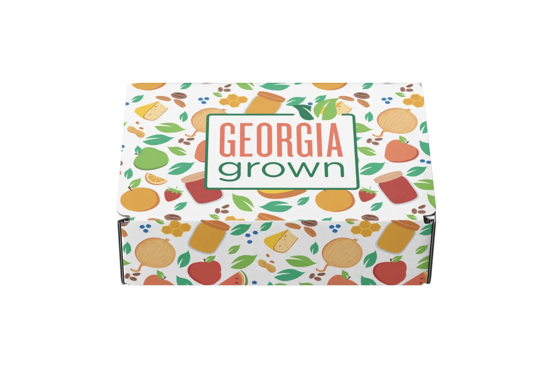 Slanted front view of the Georgia Grown Branded 9.5x7.75x4 Mailer Box made for local businesses or gift givers to ship items in