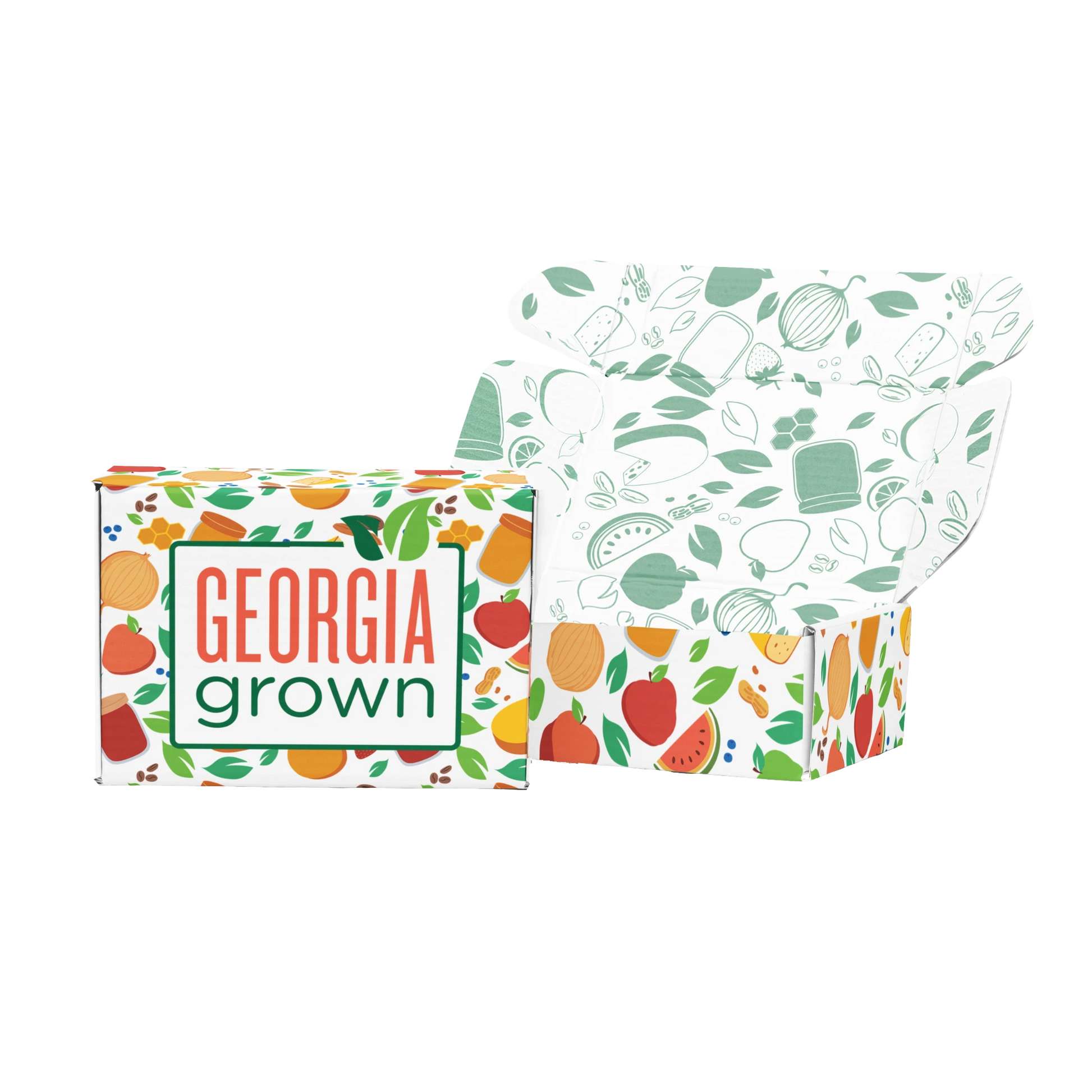 Image of the Georgia Grown Branded 11.25x9x3 Mailer Box made for local businesses or gift givers to ship items in. The image shows the outside of the box and the inside