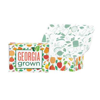 Image of the Georgia Grown Branded 11.25x9x3 Mailer Box made for local businesses or gift givers to ship items in. The image shows the outside of the box and the inside