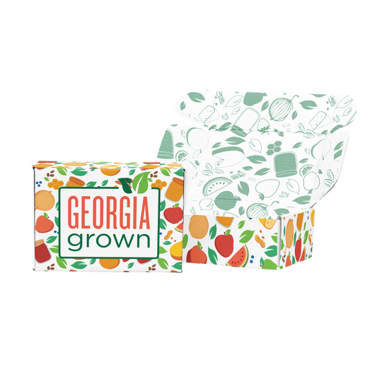 Image of the Georgia Grown Branded 11.25x9x3 Mailer Box made for local businesses or gift givers to ship items in. The image shows the outside of the box and the inside