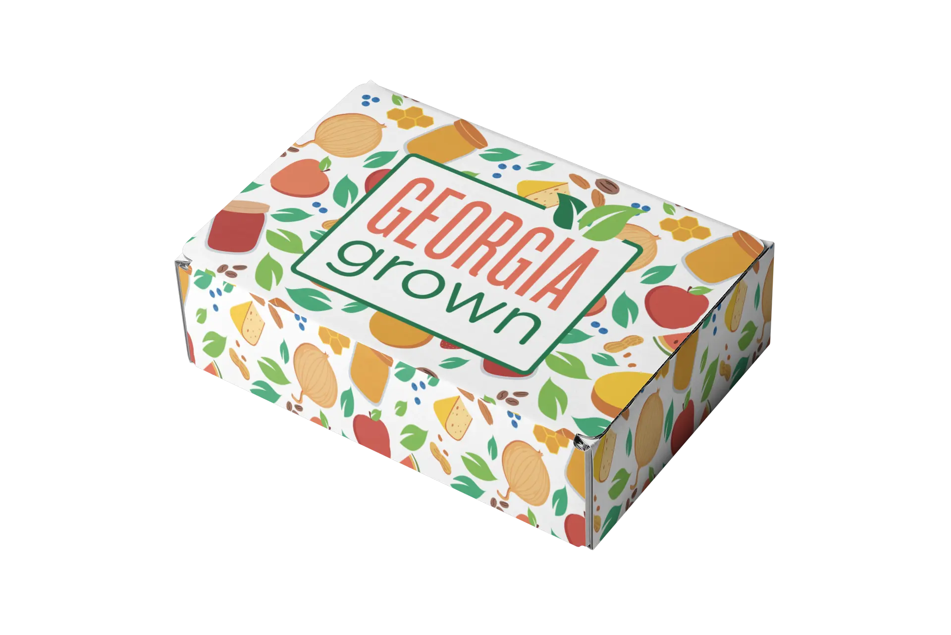 Slanted side view of the Georgia Grown Branded 11.25x9x3 Mailer Box made for local businesses or gift givers to ship items in. 