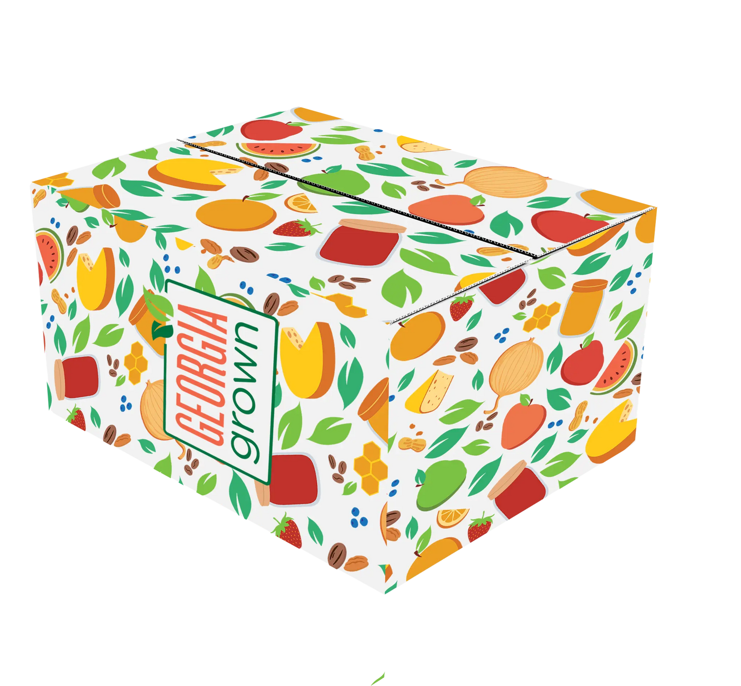 Slanted side view of the Georgia Grown Branded 12x12x6 Shipping Box made for local businesses or gift givers to ship items in