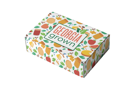 Slanted side view of the Georgia Grown Branded 9.5x7.75x4 Mailer Box made for local businesses or gift givers to ship items in