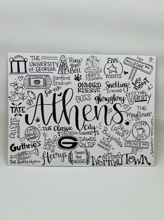 Illustrative typography art print by Sugars and Sketches, showcasing words and illustrations inspired by Athens and the University of Georgia.