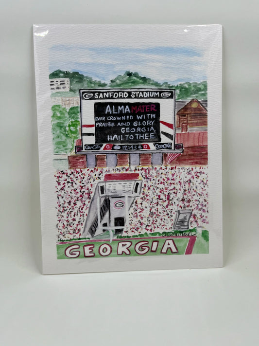 Watercolor art print of Sanford Stadium’s scoreboard featuring the alma mater, celebrating the University of Georgia, by Sugars and Sketches.